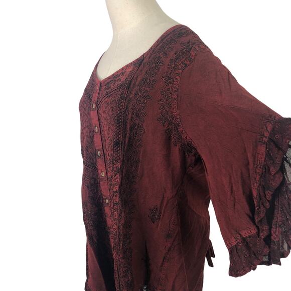 Himalayan Boho Tunic Top Burgundy Black Soutache Lace Embroidery - Picture 2 of 11